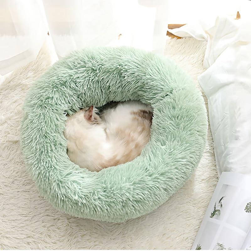 Кровать для домашних животных, толстая плюшевая круглая подушка для гнезда для домашних животных, удобная конура, зимняя теплая длинная плюшевая супермягкая спальная сумка, шезлонг, кошачий домик