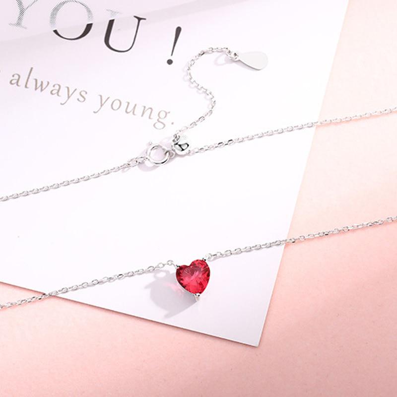 Begua Ringen 925 Sterling Silver Necklace Red Heart-shaped Clavicle Chain Simple Crystal for Women