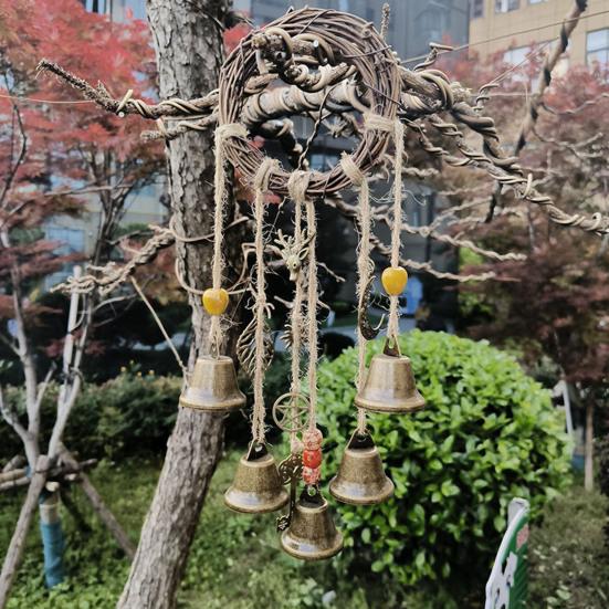 Door Knob Witch Bell Home Protection Handmade Hanging Brass Bell Rattan Wreath Witchcraft Door Hanger