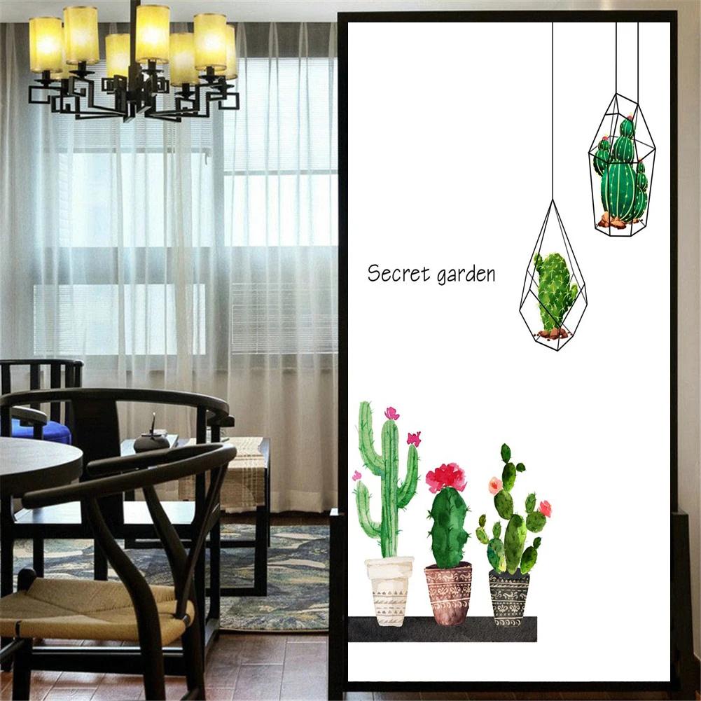 Static Cling Privacy Windows Film Decorative Green Plants Leaves Stained Glass Window Stickers Frosted Window Cling Tint