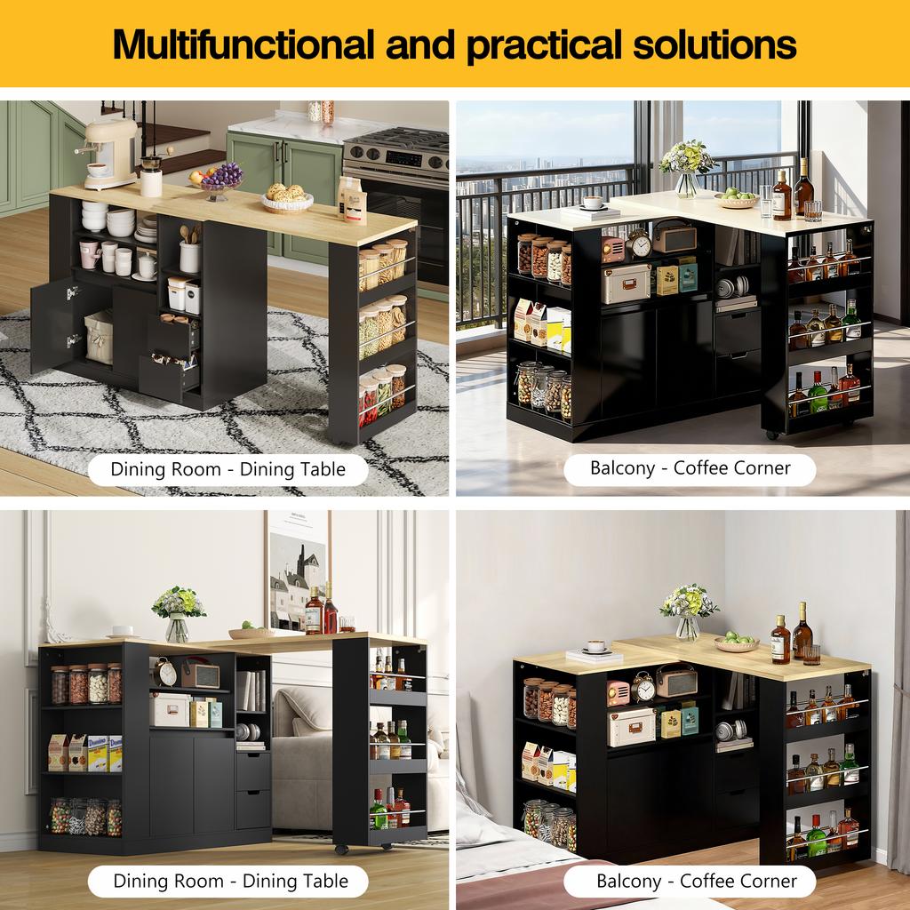 Kitchen island with pull-out countertop, 115 cm storage with three-sided shelves and two drawers, coffee bar, suitable for dining rooms and home bars