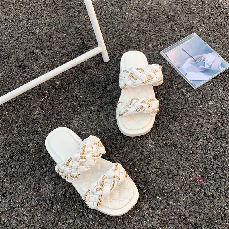 Fashion Metal Chain Double Band Weave Slippers Women Sandalias Summer Shoes Woman Flip Flops Thick Soled Chic Knitted Slides Femme