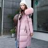 Winter Women Cotton Jacket with Furry Hood Long Sleeves Pockets Heat Retention Knee Length Zip-up Padded Coat Solid Color Windproof Outwear Parka