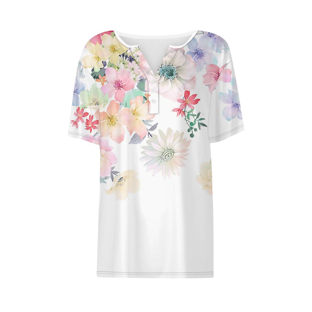 Женская повседневная футболка с коротким рукавом, цветочным принтом и V-образным вырезом, декоративными пуговицами