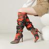lenkisen Fabric Camouflage Pattern Autumn Winter Shoes Super Thin High Heels Pleated Boots European Keep Warm Over-the-knee Boots