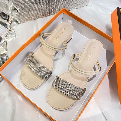 Модные блестящие сандалии на среднем каблуке для женщин, летние шлепанцы, женские сандалии-гладиаторы с кристальной лентой, большой размер 43