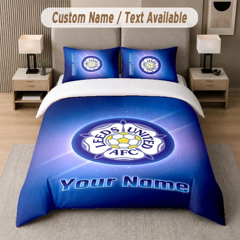 Custom Bedding Set Leeds United Pattern, Print Name Text 1 Duvet Cover plus 2 Pillowcases Home Textile
