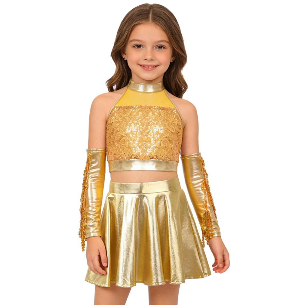 Girls Sleeveless Keyhole Back Sparkly Sequins Crop Top Metallic Flared Skirt Sequined Tassels Gloves