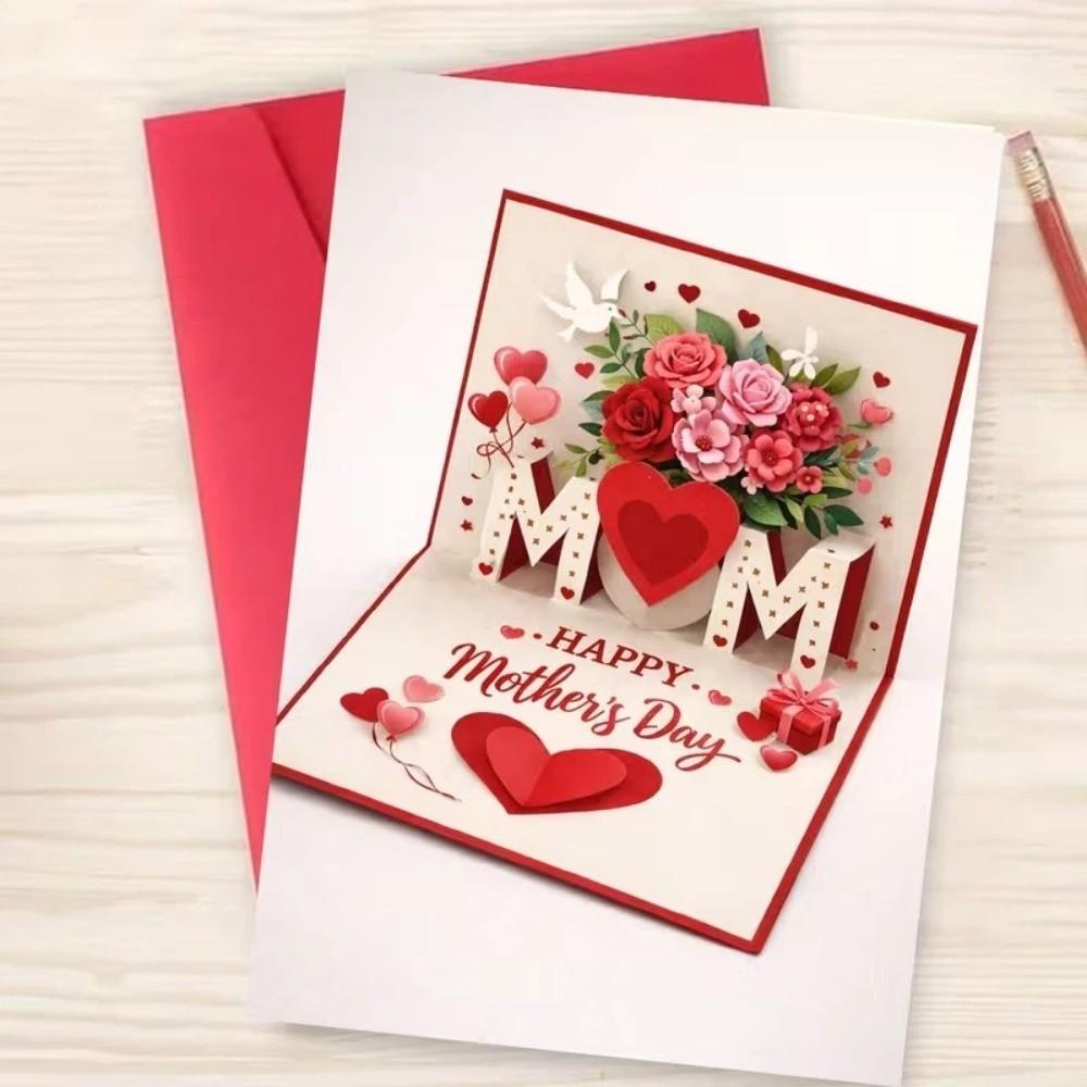 Imitation 3D Mother's Day Greeting Card Gift Box Printed with the Words Happy Birthday Card Rose Heart Patterns Surprise