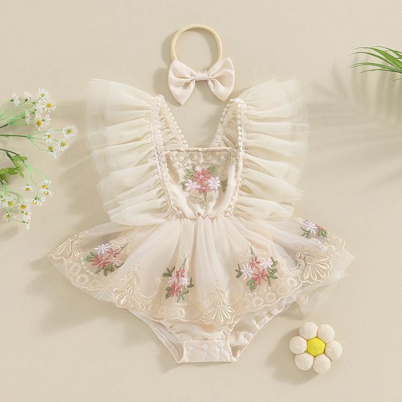 Наряд для новорожденных девочек 3, 6, 12, 18, 24 месяцев, тюлевой комбинезон с цветочной вышивкой и рукавами-крылышками, платье в стиле пэчворк с бантом, летняя одежда