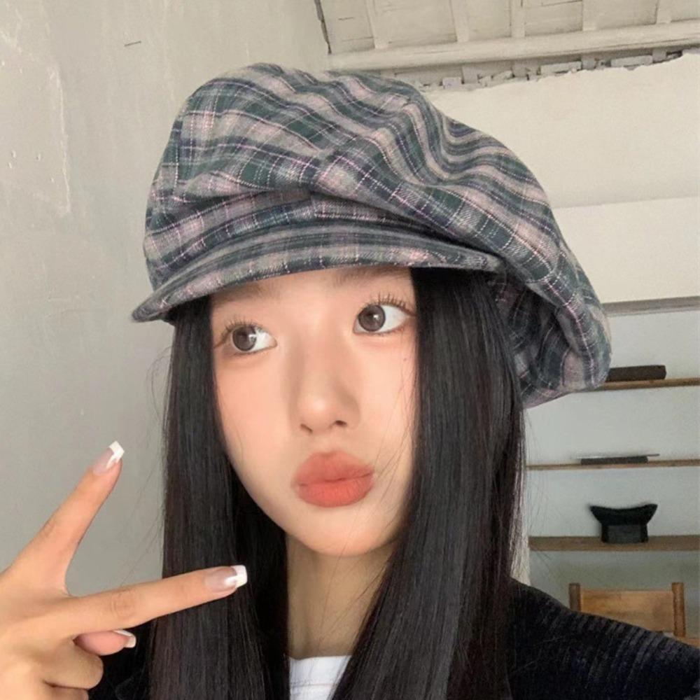 Хлопковая клетчатая кепка-облако тонкая женская восьмиугольная шляпа шляпа художника клетчатый берет летняя