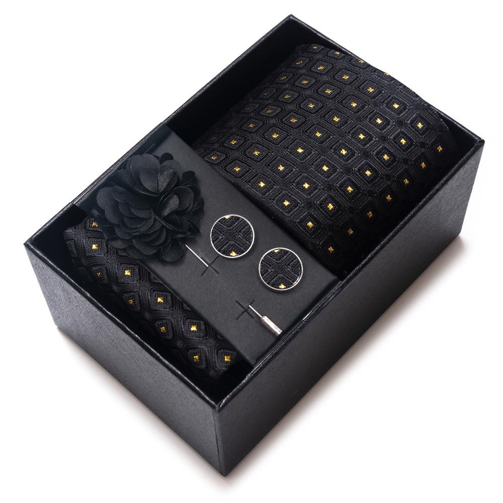 Men's Blue-Gold Stripe Tie Set: Includes Pocket Square, Cufflinks & Lapel Pin in Gift Box - Perfect for Gifts