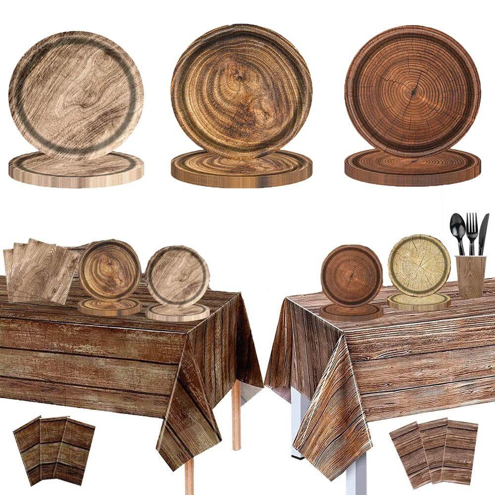 10pcs Round Imitation Wood Grain Disposable Plate Vintage Paper Food Tray Disposable Dish Picnic