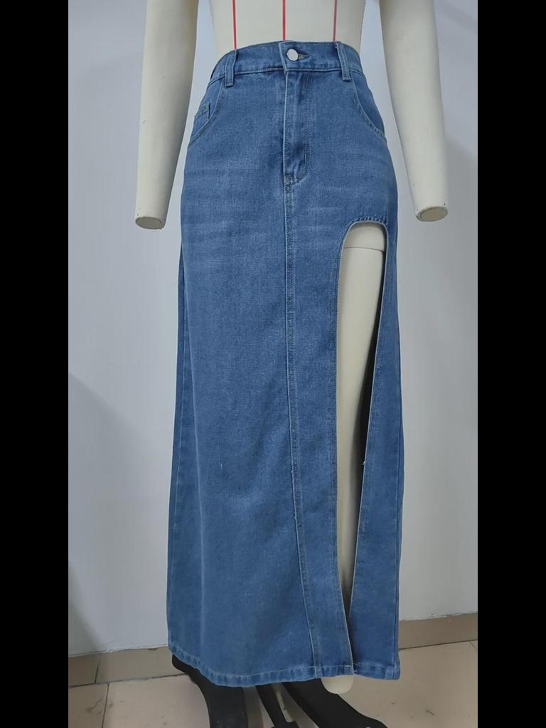 European & American Washed High-Slit Sexy Denim Long Skirt for Women