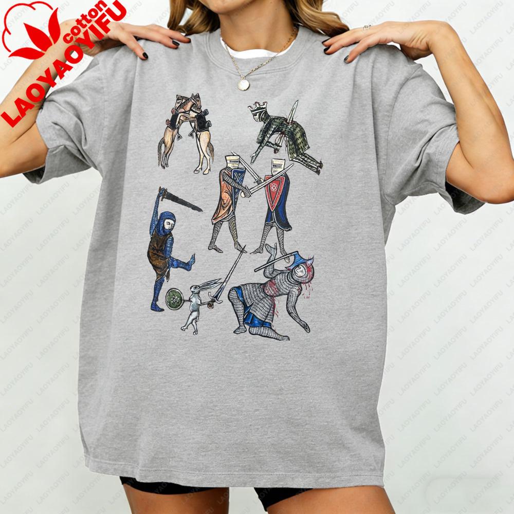 Weird Medieval Battle Shirt, Medieval Marginalia Short Sleeve T-shirt Medieval War Knight Graphic Print Clothes
