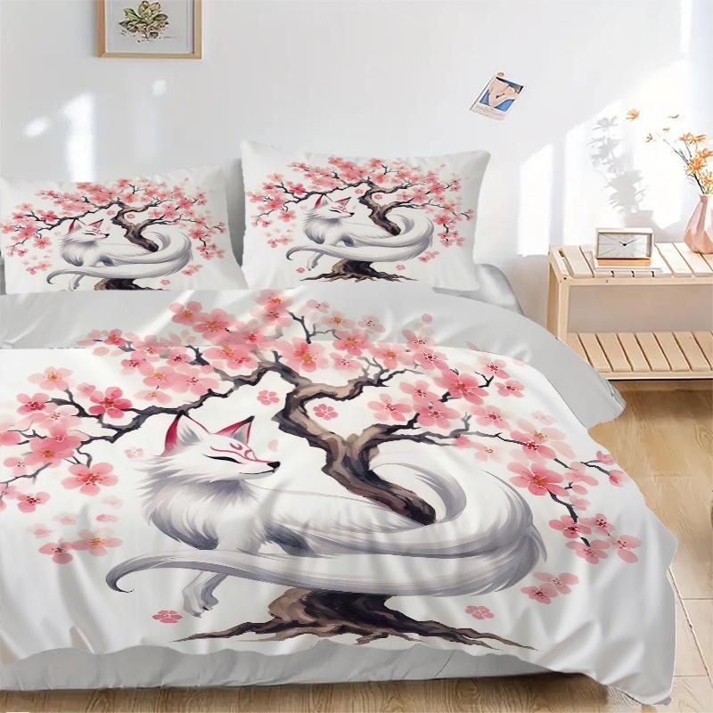 3pcs Cherry Blossom Tree and Beautiful White Fox Bedding Set, Including 1 Quilt Cover and 2 Pillow Shams, Without Filling, Soft and Comforta