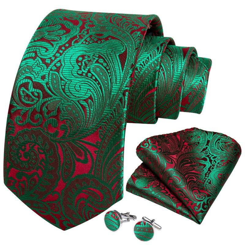Paisley Tie for Men Necktie Silk Hanky Cufflink Set with Tie Ring Chain Brooch for Wedding Party