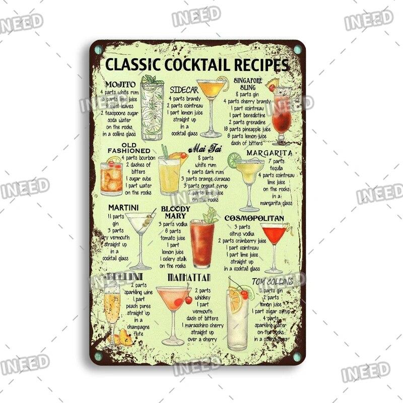 Retro Vintage Cocktail Recipe Tin Signs Metal Vintage Plaque Beer Metal Plate Decorative Plaque For Bar Pub Man Cave Wall Decor
