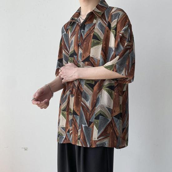 Мужская пляжная рубашка с короткими рукавами, насыщенные цвета, винтажные Гавайские свободные брюки, однобортный отложной воротник, мужская рубашка для отпуска, мужская одежда