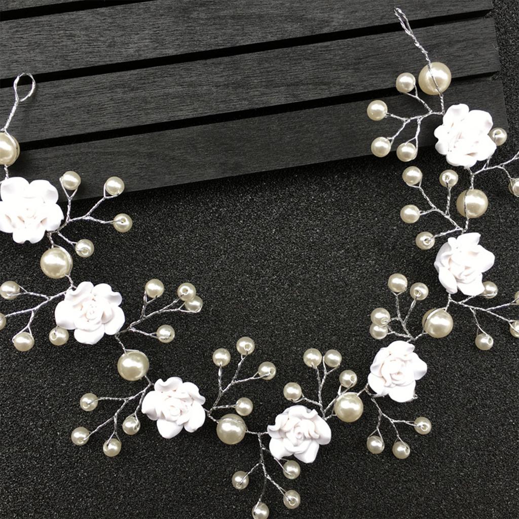 Bridal White Flower Headband Soft Ceramic Rose Headdress Pearls Hair Vine for Banquet Wedding Masquerade