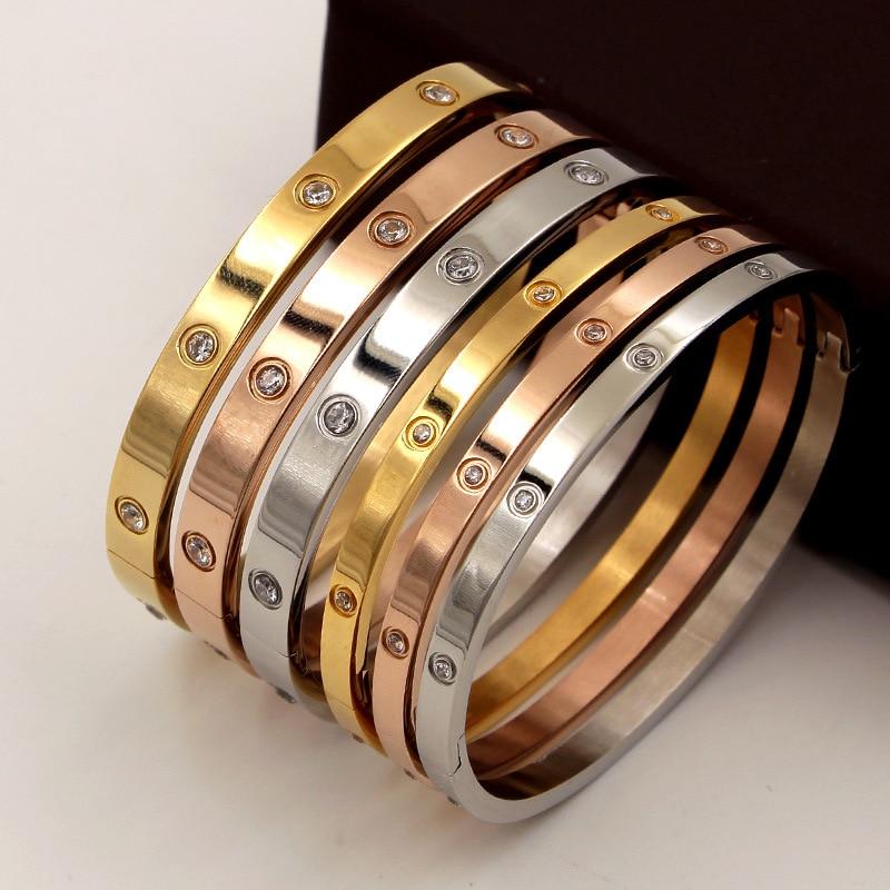 Luxury Lover Jewelry Women Bangle Titanium Steel Couple Jewelry Full Cz White Crystal Buckle Bracelets Bangles Men