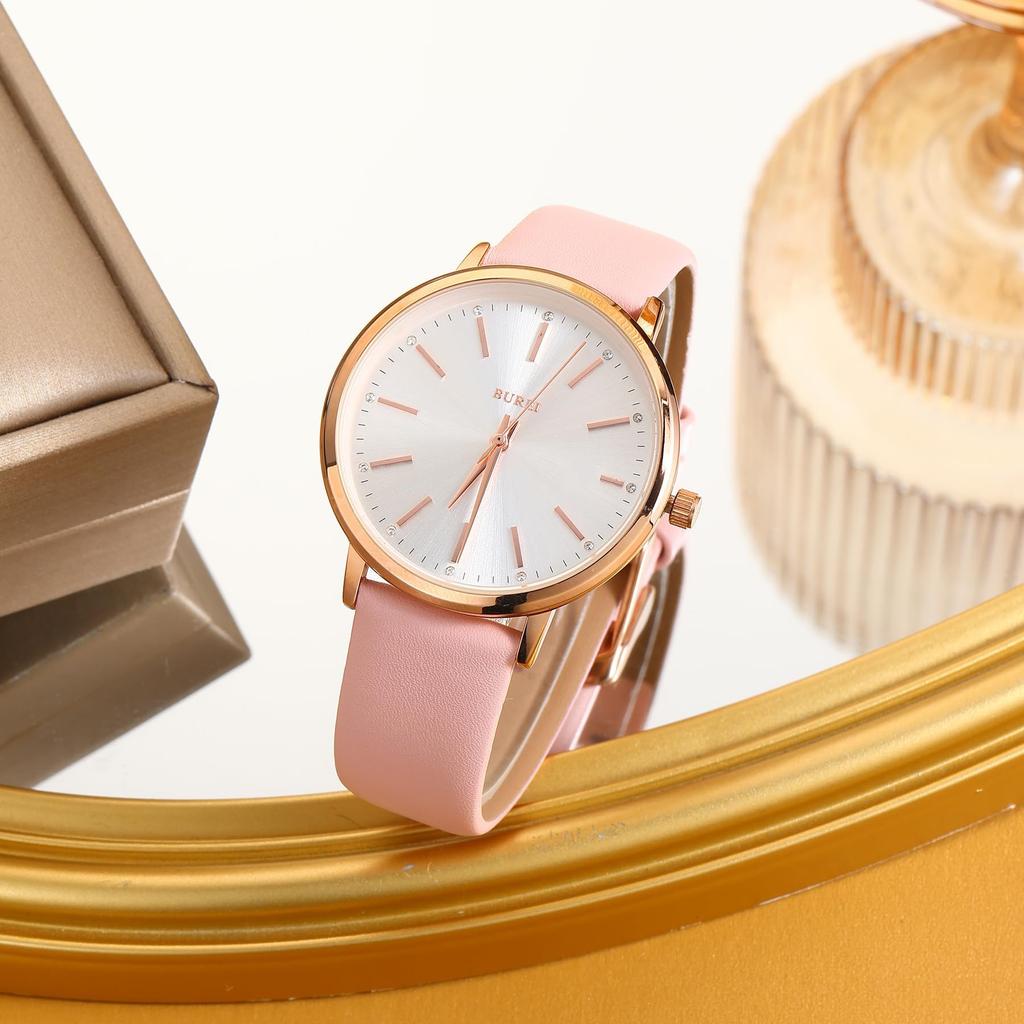 BUREI Women's Analog Quartz Watch Waterproof Fashion Leather Strap Casual Lightweight Stylish Gift (Pink)