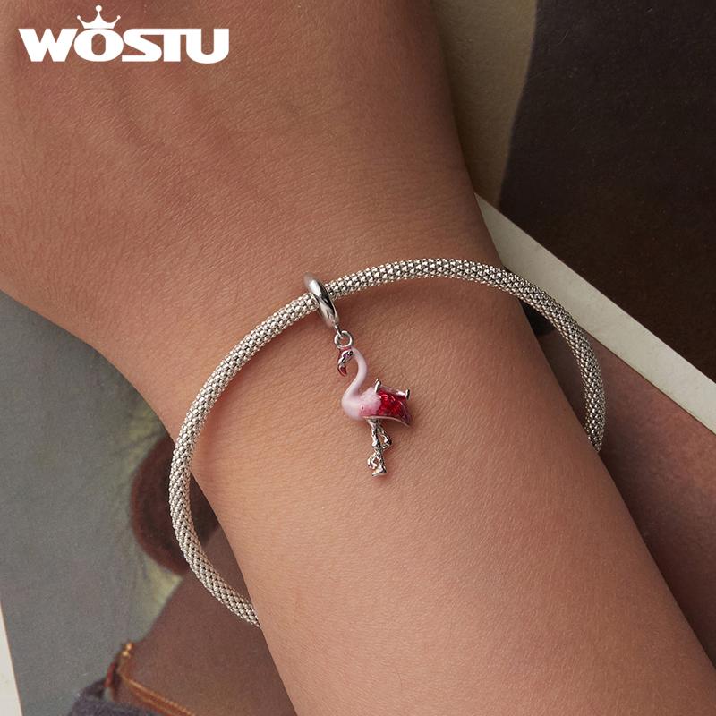 WOSTU Solid 925 Sterling Silver Flamingo Pendant Red Bird Charm Fit DIY Bracelet Necklace Summer Beach Jewelry Series
