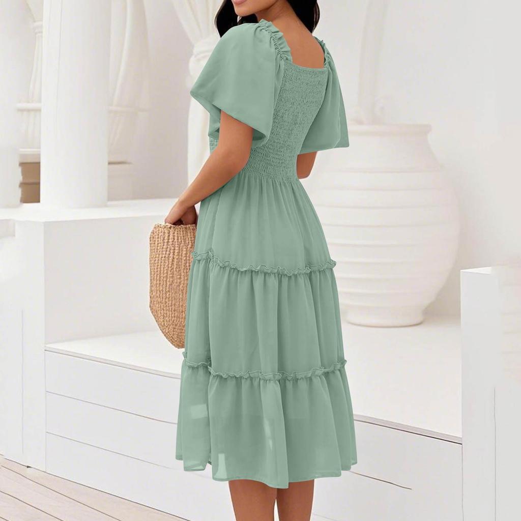 Женские модные однотонные шифоновые бабочки с коротким рукавом и квадратным вырезом, плиссированные платья