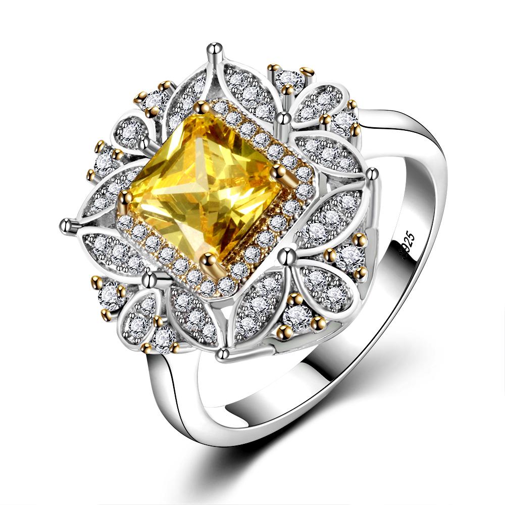 Luxury Square Created Citrine Rings For Women Genuine CopperColor Jewelry With AAAAA Zircon Wedding Engagement Ring Gifts
