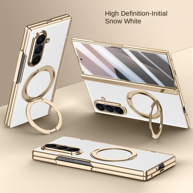 Для Samsung Galaxy Z Fold 7 Кожаный 360° Поворотный Держатель Магнитное Закаленное Стекло Передняя Пленка Противоударный Чехол для Телефона с Поддержкой Отпечатков Пальцев