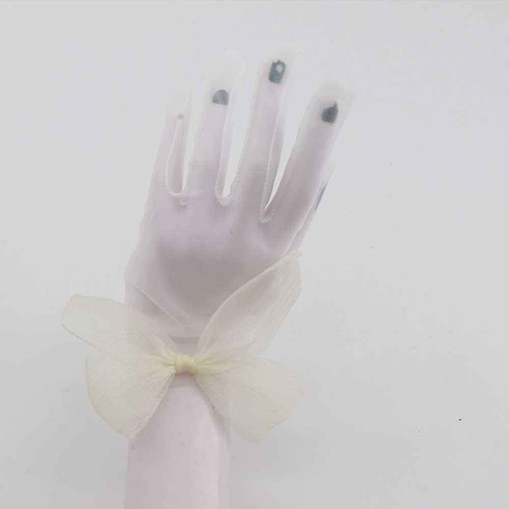 Sweet Elegant Summer Girl Bridal White Bow Pearl Finger Gloves Tulle Mittens Short Wedding Gloves