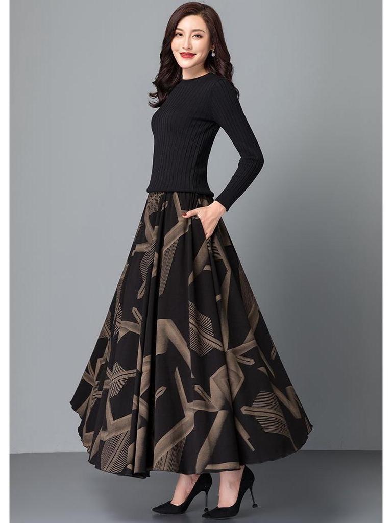 066 Юбка макси с высокой талией и цветочным принтом А-силуэта с разрезом для женщин