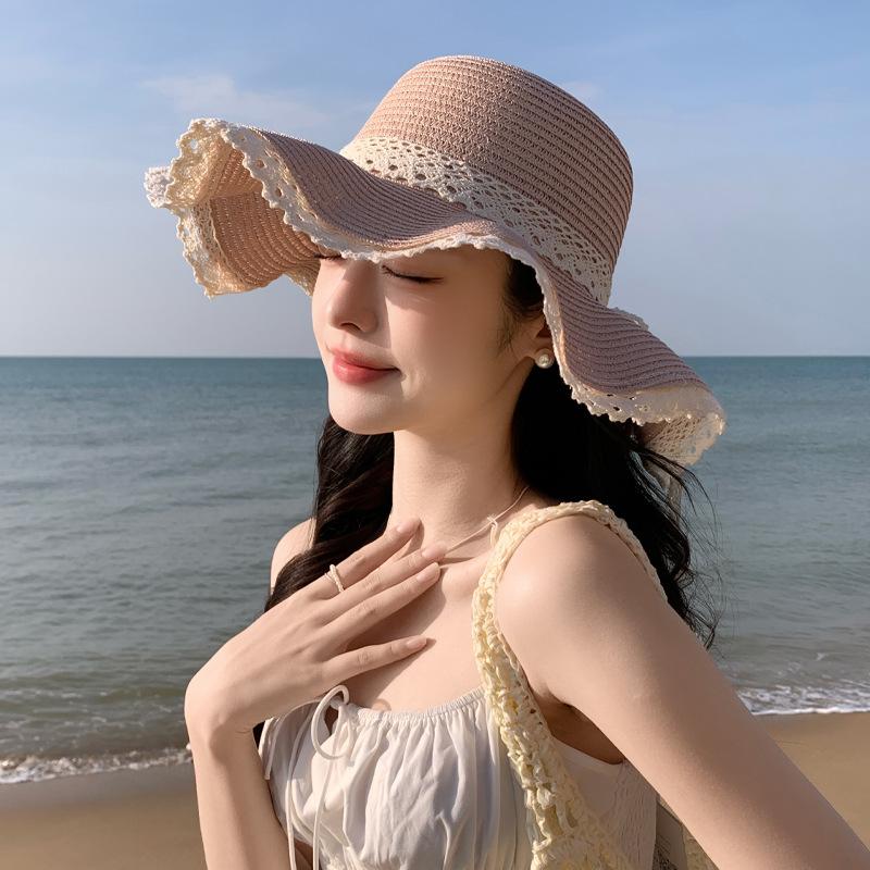 Летняя защита от солнца шляпа от солнца детская морской отдых соломенная шляпа волнистое кружево шляпа от солнца