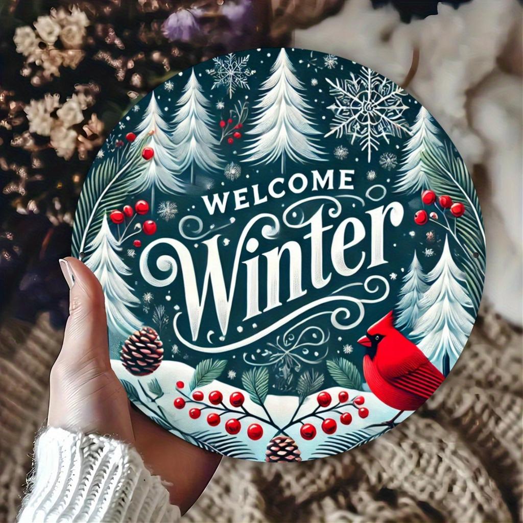 pc x inches Christmas Themed Red Cardinal Welcome Winter Round Aluminum Wall Art Perfect for Front Door
