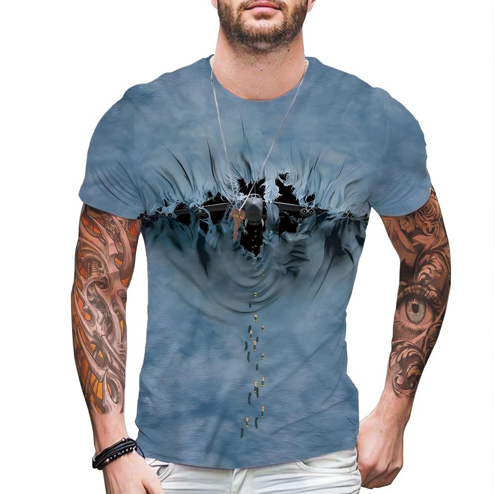 Personality Hole 3D Printed Clothing Aircraft Tank Shark Bear Full Body Printed Men's T-shirt Short Sleeve O-neck Funny Tops