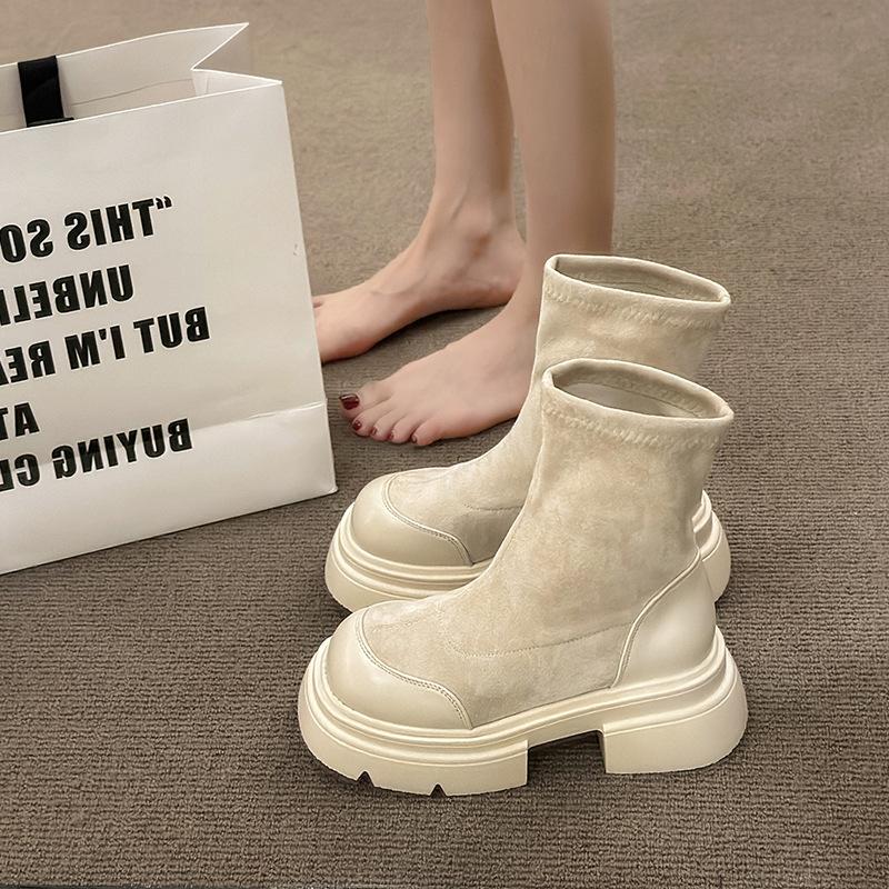 Chunky Elastic Skinny Boots Women 2024 Thick Korean Version of Thin Boots Autumn New British Muffin Short Boots
