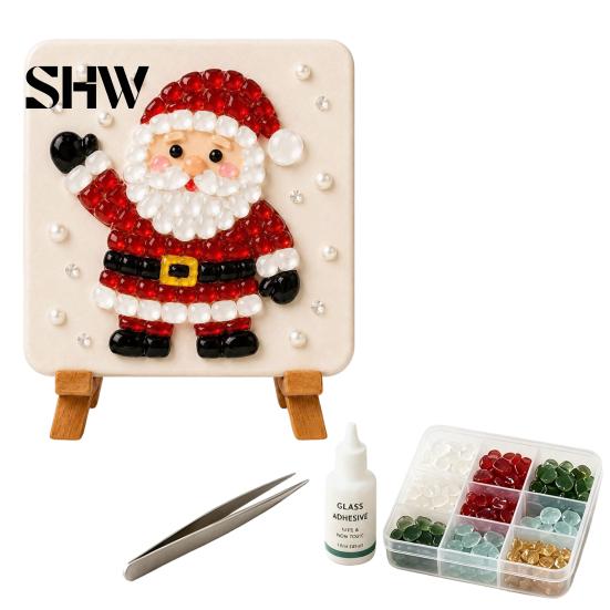 Family Activity Kit Christmas Mosaic Art Kit, DIY Sea Glass Santa Creative Leisure Projects Reindeer Artwork Craft for Home Decor, Handmade
