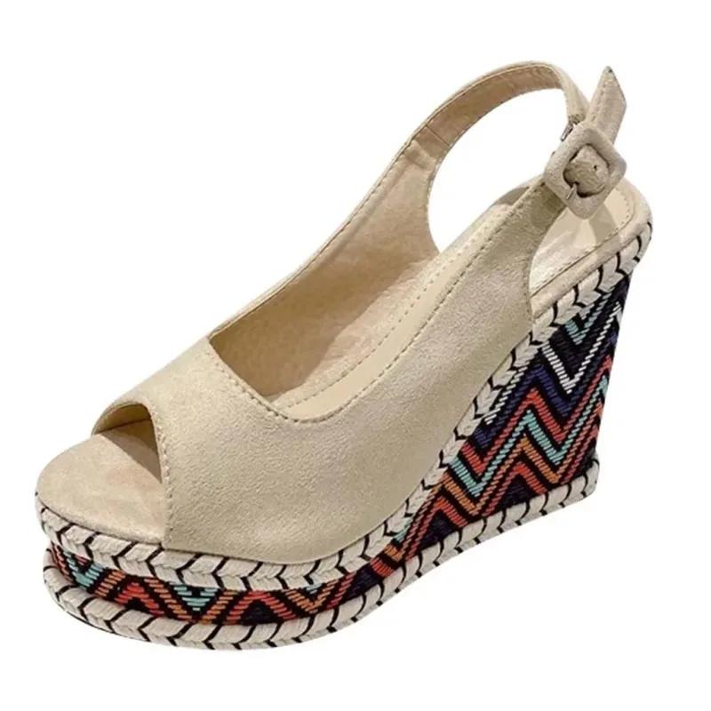 Fashion Sexy Peep Toe Wedge Sandals for Women Summer Fashion Platform High Quality Flock Buckle Strap Chunky Shoes Sandalias