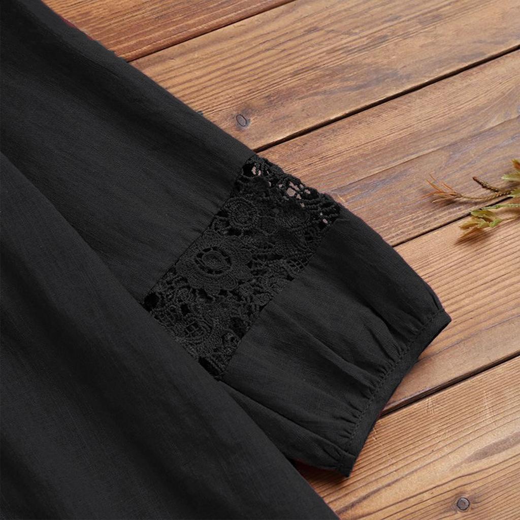 Women's Fashion Casual Loose Pleated Lace Hollow O-Neck Blouse Top