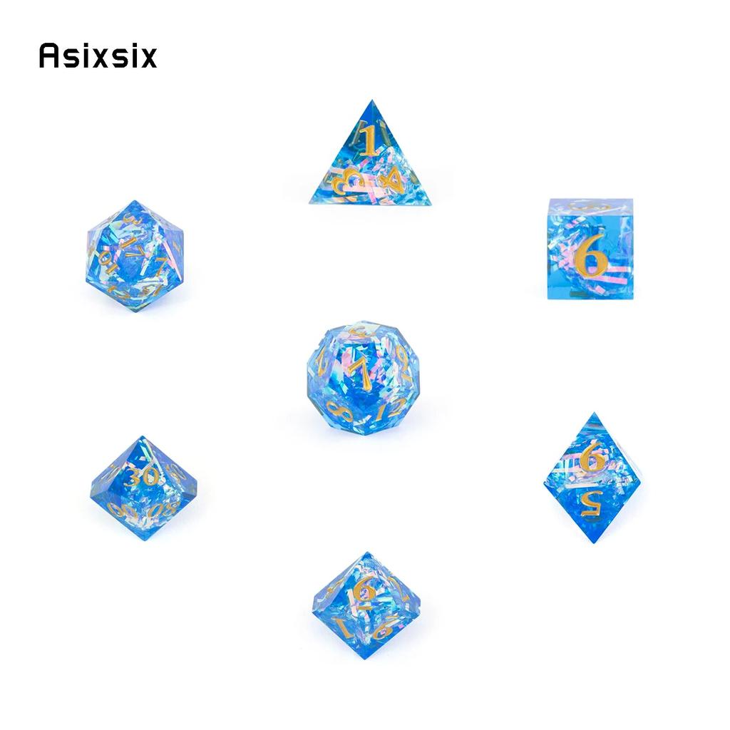 7 Pcs Blue Resin Golden Number Sharp Edge Dice Polyhedral Dice Suitable for Role-Playing RPG Board Game