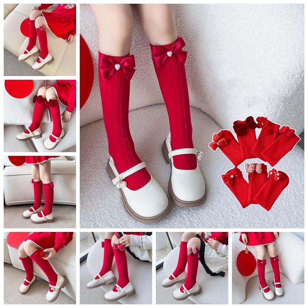 Cotton Bow Hosiery for Kids Middle Tube Sleeping Socks Warm New Year Red Socks Home Socks