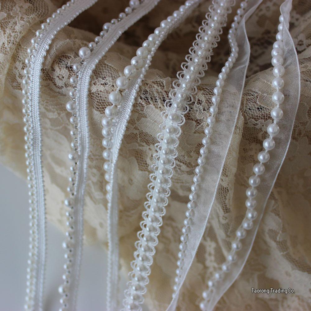 Cottontime Кремовая Сетчатая Лента с Бусинами и Жемчужным Кружевом Декоративные Аксессуары для Одежды