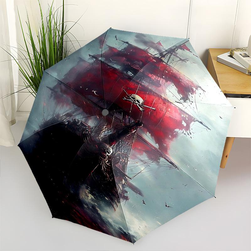 Pirate Ship, Stormy Sea Themed Automatic Opening and Closing Umbrella, Brightly Colored 8-rib Portable Umbrella, Suitable for Men and Women,