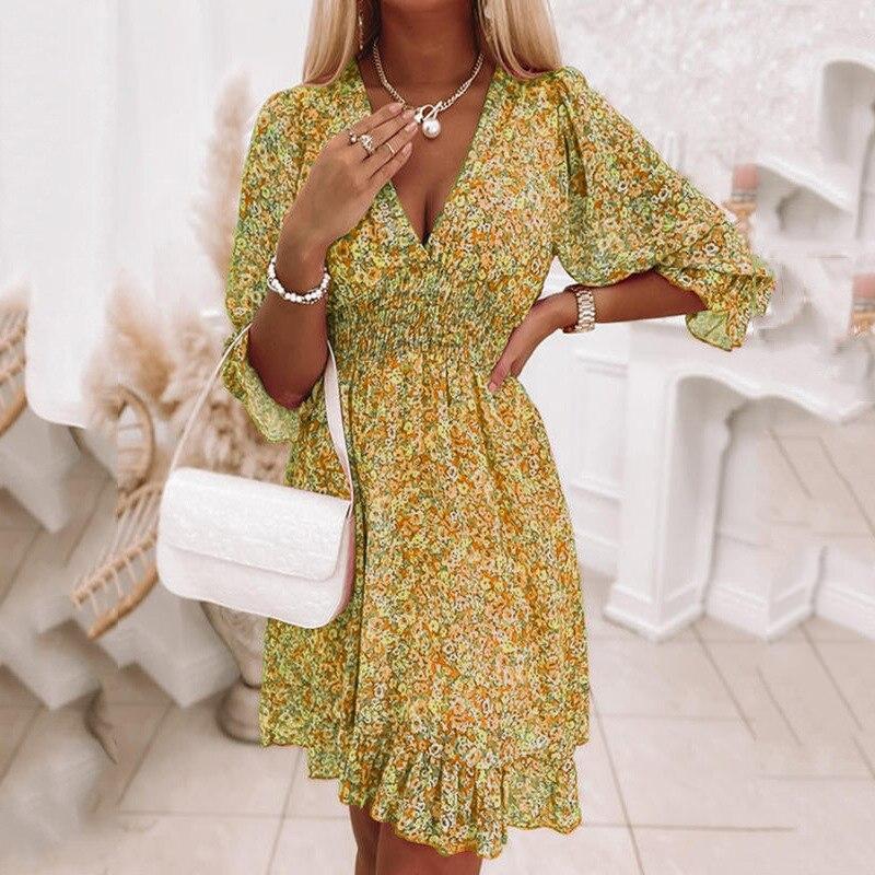 2023 Платье трапециевидной формы в стиле бохо с цветочным принтом, женское милое эластичное пышное платье с короткими рукавами, повседневное зеленое мини-платье с v-образным вырезом, Robe Femme 25119
