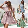 Summer Women Sexy Deep V-Neck Ruffle Front Knot Short Sleeve Casual Holiday Photo Fragmented Floral Mini Dress