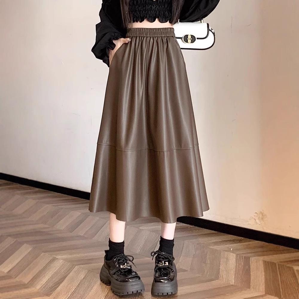 Women's PU Leather A-Line Midi Skirt: Autumn/Winter High Waist, Large Swing, Hip-Covering, Casual Temperament.