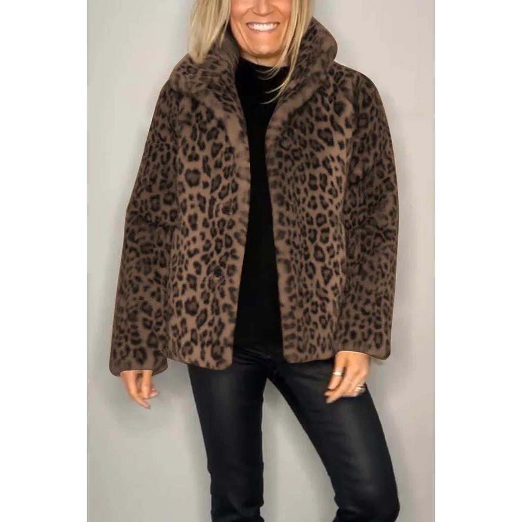 2025 Women's Faux Fur Coat With Leopard Print Collar - Winter Wool Blend Jacket, Fashion Animal Print Notch Lapel Cruelty-Free Statement Outerwear