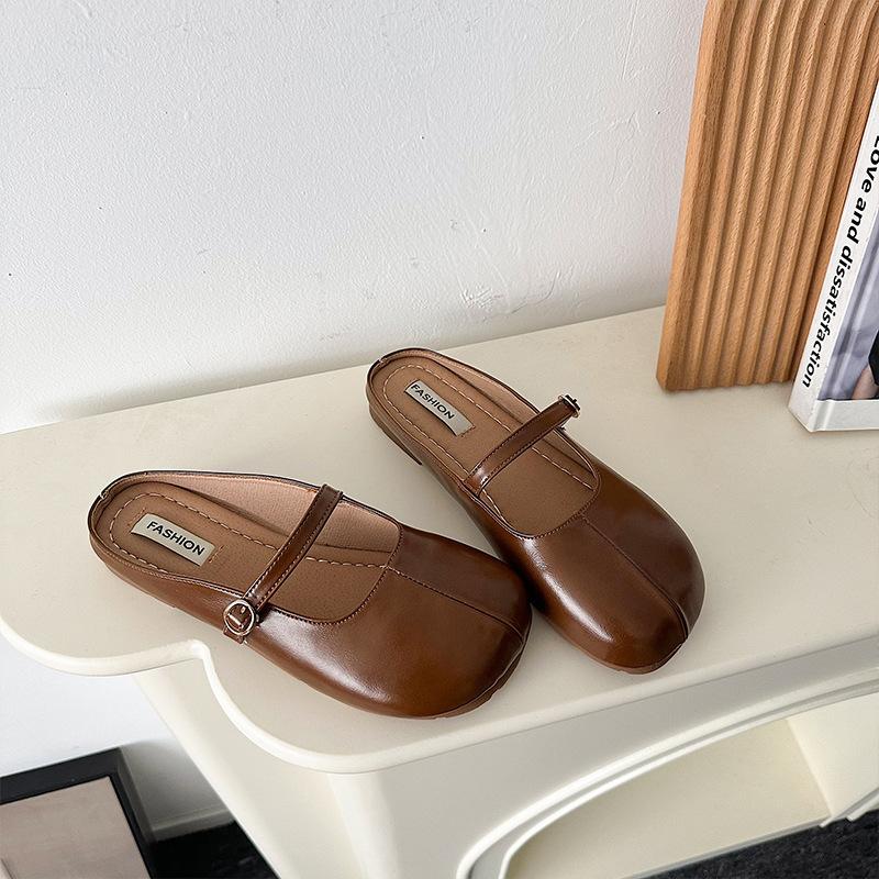 Французские ins сумка голова полутапочки женские летние корейская версия круглый носок мягкая кожа плоская подошва универсальные бабушкины туфли танкетка