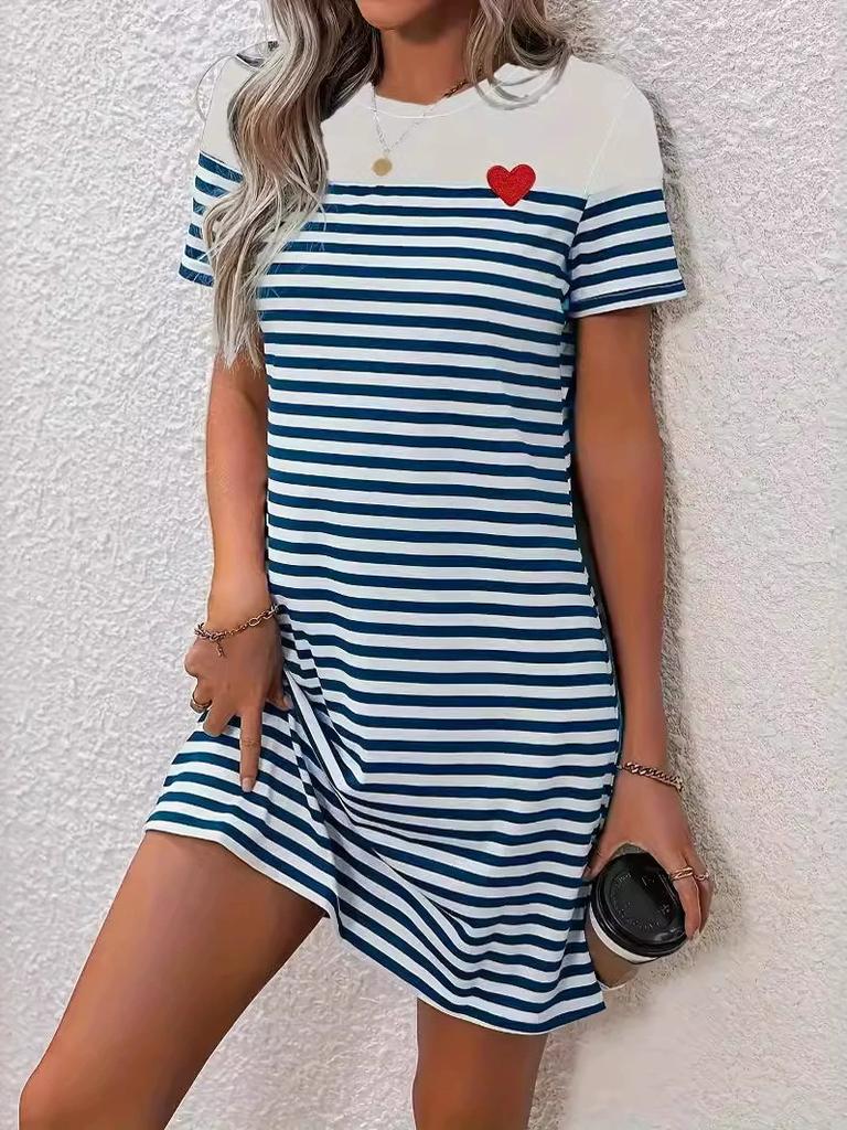 Women's Casual Short-sleeved Round Neck Striped Short Dress