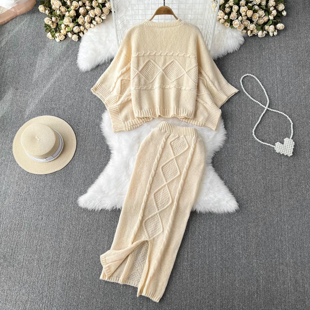 Осень-зима твист-жаккардовый свитер трикотажные костюмы свободные топы с рукавами «летучая мышь» + облегающая юбка-карандаш миди с разрезом комплект из 2 предметов